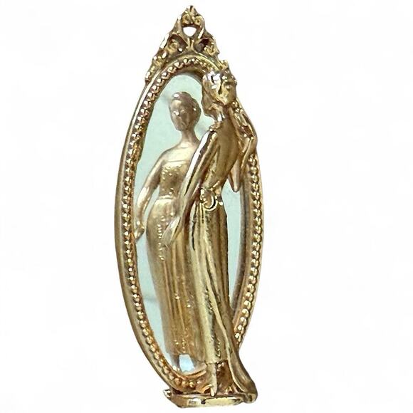 Vintage Lady Woman In Mirror Brooch Gold Tone Pin Oval Glamour Art Deco Nouveau - Picture 2 of 6